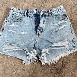 High-Rise Distressed Denim Shorts - Light Blue